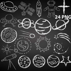 Outer space doodle clipart made with chalk, white chalkboard ...