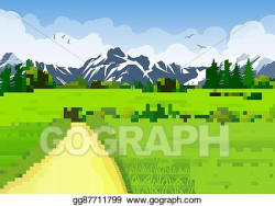 EPS Vector - Summer landscape with meadows and mountains ...
