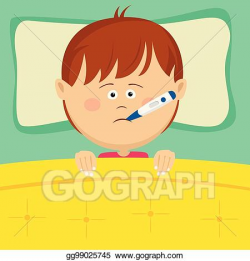 Vector Art - Little sick boy with thermometer in his mouth ...