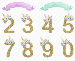 number clipart. watercolor Unicorn Clipart.Floral Numbers ...