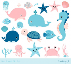 Cute sea animal clipart, Kawaii ocean clipart, Baby girl under sea clipart,  blue seahorse whale turtle octopus jellyfish pink crab fish