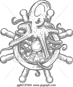 EPS Vector - Angry octopus on ship helm sketch symbol. Stock ...