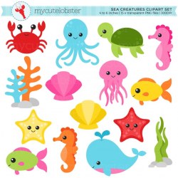Sea Creatures Clipart Set - sea animals clip art, crab, fish, octopus,  turtle, ocean - personal use, small commercial use, instant download