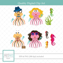 Octopus cartoon clipart, seahorse clipart, sea creature clipart ,Vector  graphics, Digital Clipart, Digital Images, CL 062