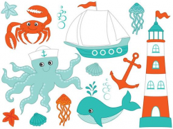 Nautical Clipart - Digital Vector Octopus, Crab, Sea, Whale, Boat, Nautical  Clip Art