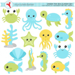 Under the Sea Clipart Set - clip art set of fish, octopus, seahorses, blue  & green - personal use, small commercial use, instant download
