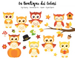 Fall Owls Clipart - PNG Cute Autumn Animals Clip Art - Small Commercial Use