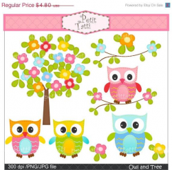 ON SALE Clip Art Owl, flower tree clipart, Digital clipart, small  commercial use, Owl and flowers tree, owls clipart
