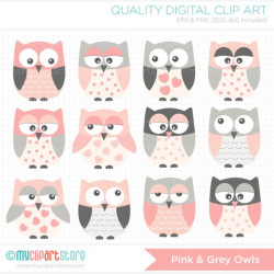 Vector Clipart - Pink & Grey Owls, owl clip art, baby girl ...