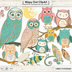 Whimsical Owl Clip Art, Vintage Style Owl ClipArt Images, Pastel Pink & Teal