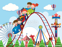 Children and rides at amusement park
