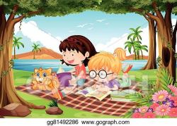 Vector Stock - Girls reading under trees in beautiful park ...