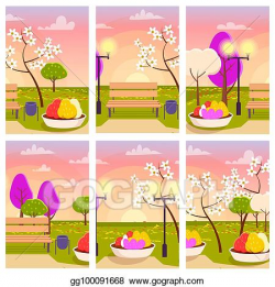 Vector Clipart - Empty park with flowers at sunset ...