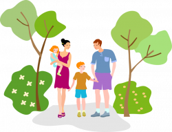 Father and Mother with Kids Walk in Park - Vector Image