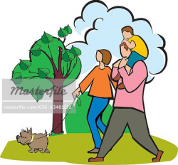 Couple walking in a park with their son and a dog - Stock ...