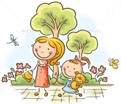 Mother and daughter walking in the park | Obrázky | Drawing ...
