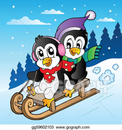 Vector Clipart - Winter scene with penguins sledging. Vector ...