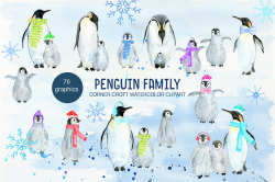 Watercolor penguin family illustration, penguin clipart