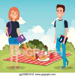 Vector Clipart - Young people in picnic day scene. Vector ...
