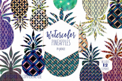 GEOMETRIC PINEAPPLES Clipart Commercial Use Clip Art Fun Bold Tropical  Pineapples Navy Watercolor Pineapple Fruit Graphics Plaid Polka Dot