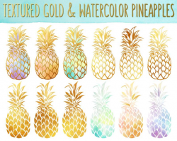 Pineapple Clipart - Gold Texture Pineapples, Watercolor Pineapples Clip Art  Set - PNG & JPG Files, Summer Clipart, Cute Fruit Clip Art