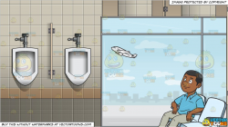 A Black Guy Checks Out A Plane Lifting Off The Runway and The Interior Of A  Men's Public Bathroom Background