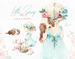 Little Spring. Lola & Puppy. Watercolor clipart, girl, doggy, easter,  flowers, pink, delicate, baby shower, octopusartis, cherry, sakura