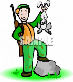 A Hunter with a Shotgun Holding Up a White Bunny Clipart Picture