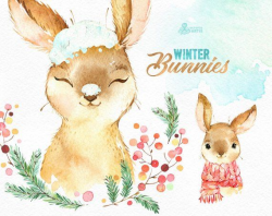 Winter Bunnies. Watercolor holiday clipart, rabbit, red ...