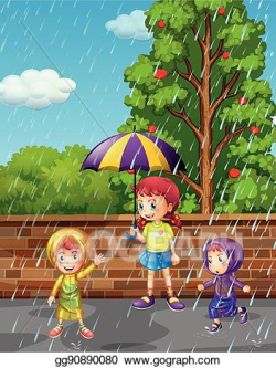 Vector Art - Rainy season with three kids in the rain. EPS ...