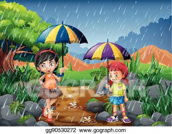 EPS Illustration - Rainy season with two girls in the park ...