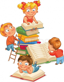 Children reading books in the library. Vector illustration ...