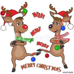 Cartoon of two funny reindeer, one male one female, dancing ...
