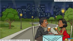 A Black Couple Enjoying A Romantic Dinner Date In A Restaurant and A Park  In The Middle Of The City At Night Background