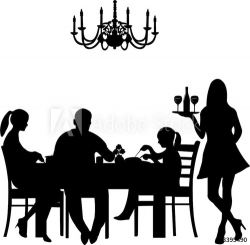 Silhouette of a restaurant were a family enjoy their dinner ...
