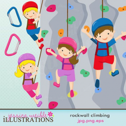 Rock Wall Climbing Girls Cute Digital Clipart - Commercial ...