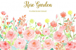 Watercolor Rose Garden, Watercolor Clipart, Soft Pink Flower ...