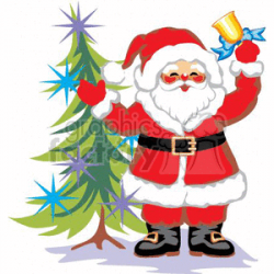 Happy Santa Claus Ringing a Bell By a Decorated Christmas Tree clipart.  Royalty-free clipart # 143778