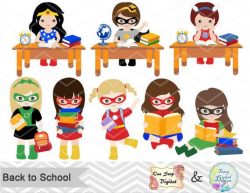 Digital Superhero Clip Art, School Day Clipart, Superhero Girls Back to  School Clipart, Girls School Day Clipart, School Girl Clip Art 0244