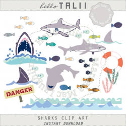 SHARKS CLIP Art- Shark Attack Digital Clipart Sharks Fish Danger zone Sign  Waves Borders Fins Sea Life Party clip art Birthday Invites Decor