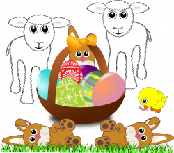 Clipart - Funny lambs, bunnies and chick with Easter eggs in a basket