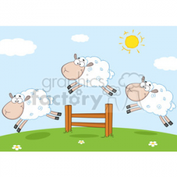 Royalty Free RF Clipart Illustration Three Funny Sheep Jumping Over A Fence  clipart. Royalty-free clipart # 395298