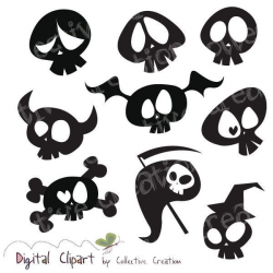 Cute Cartoon Skull Silhouette Clipart Digital Clip Art ...