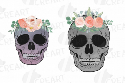 Human skull with blush flower bouquets clipart. Floral skull