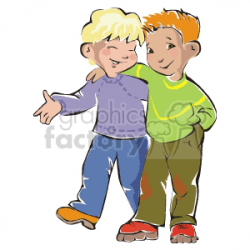 Two boys walking with their arm around shoulders clipart. Royalty-free  clipart # 158811