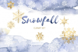 Winter Snowflake clipart, golden snowy Christmas clip art, holiday  watercolor splash decoration greeting card wedding invitation download