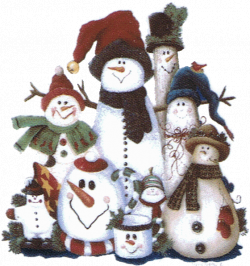 Adorable folk art group of snowman in hats, scarves and mittens ...