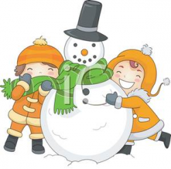 Children Hugging a Snowman - Royalty Free Clipart Picture