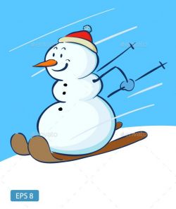Vector illustration of a happy snowman playing ski ...