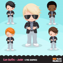 Little boy cute outfits clipart. Boys with jacket and sun glasses, prom,  birthday, school, toddler fashion graphics. Commercial use design